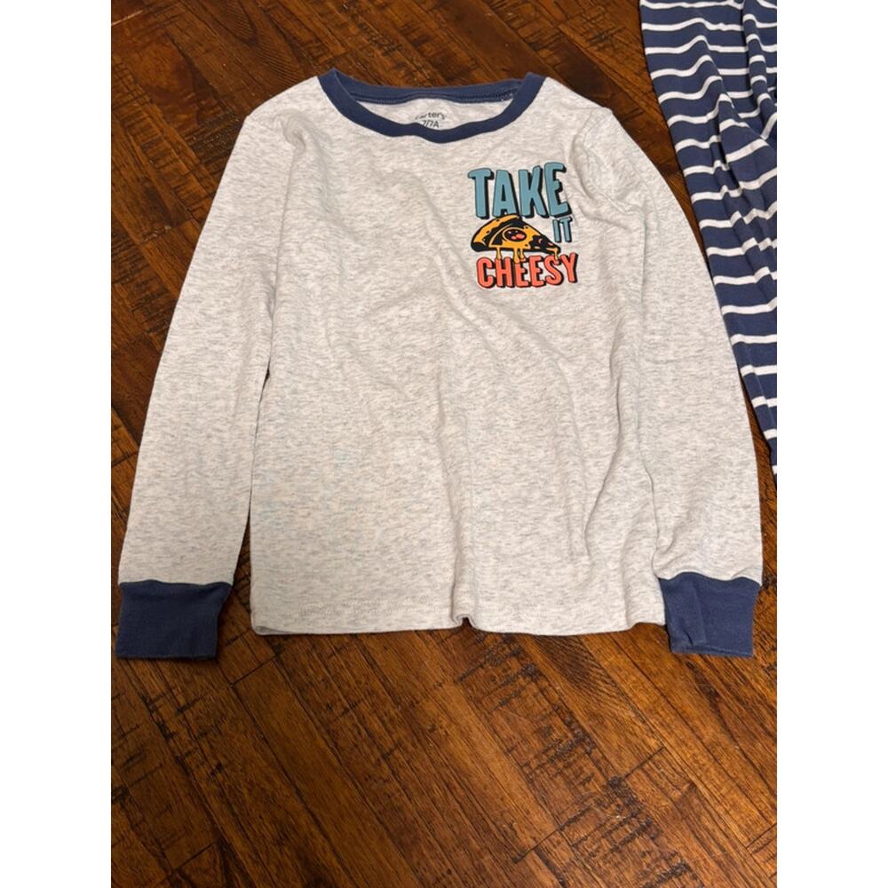 Carter's Boys Pizza Pajama set Snug Fit Long Sleeve Pants Gray/Blue 7 7A - Picture 2 of 9